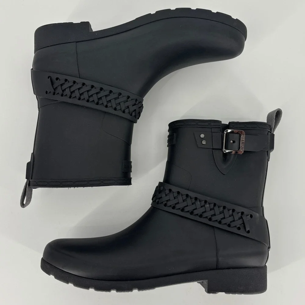 Hunter Refined Biker Rain Boots Woven Strap Black Women Size 9 Rubber Lug Sole